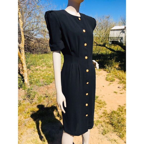 Vintage CHAUS Black Button-Down High High Shoulder Puff Sleeve Wiggle Dress - Picture 3 of 8
